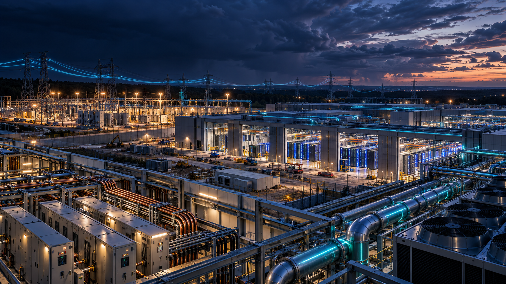 Conceptual illustration of electrical and cooling systems around an AI data centre