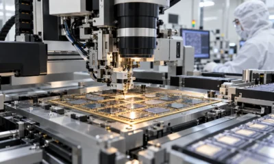 Precision die-bonding equipment inside an advanced semiconductor packaging cleanroom.