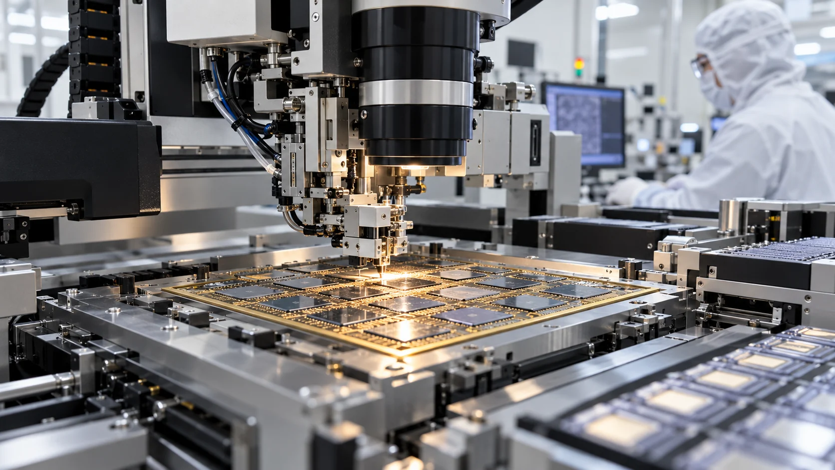 Precision die-bonding equipment inside an advanced semiconductor packaging cleanroom.