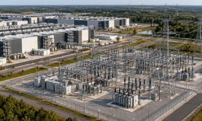 Data-center campus beside a large electrical substation and transmission lines.