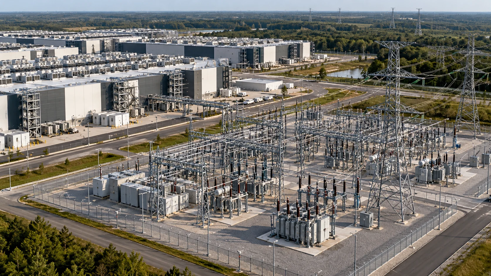 Data-center campus beside a large electrical substation and transmission lines.