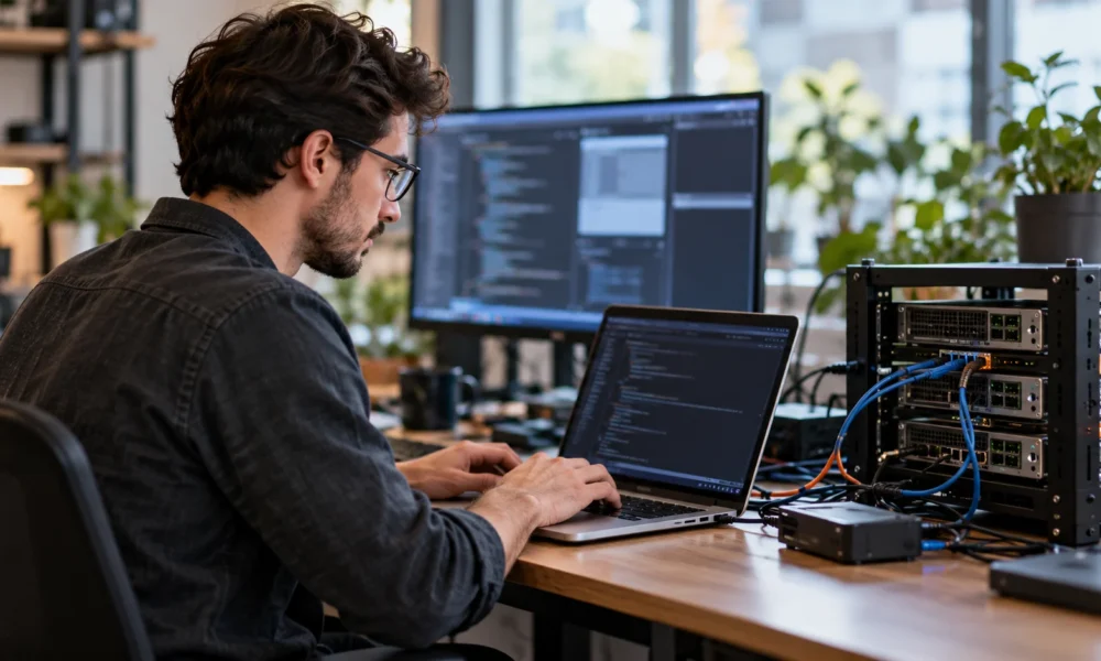 Software engineer working beside a small server test bench.