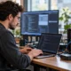 Software engineer working beside a small server test bench.
