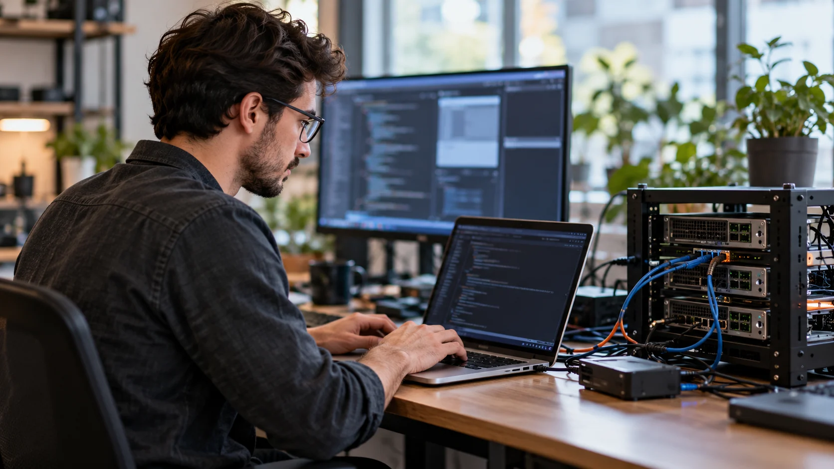 Software engineer working beside a small server test bench.