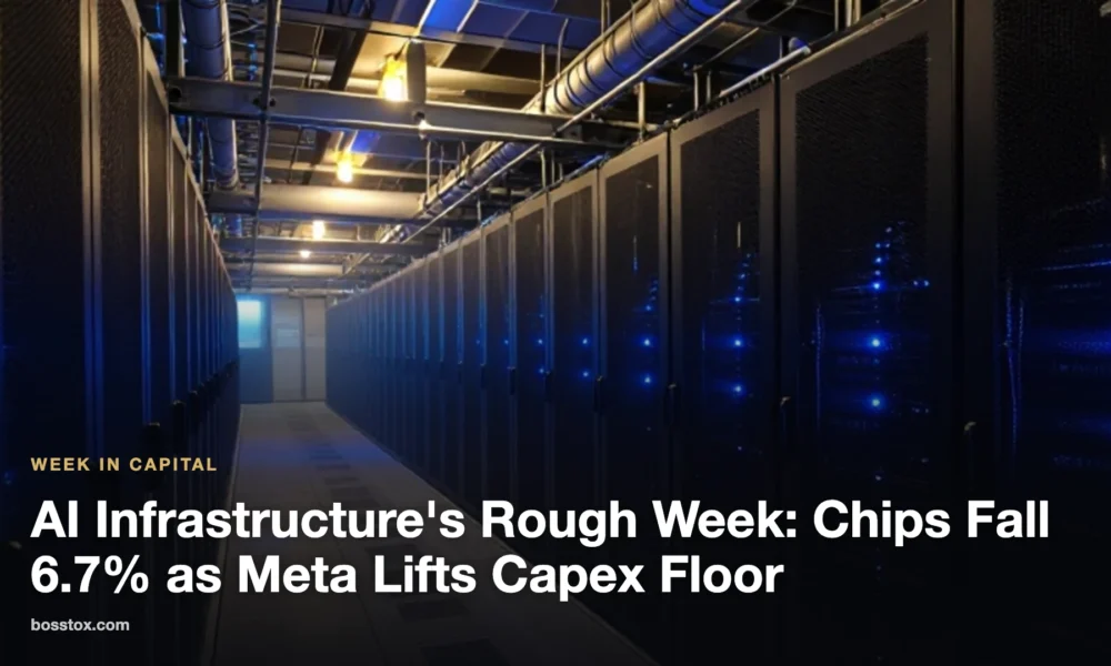 Rows of server racks with blue lights inside a dim data center hall.