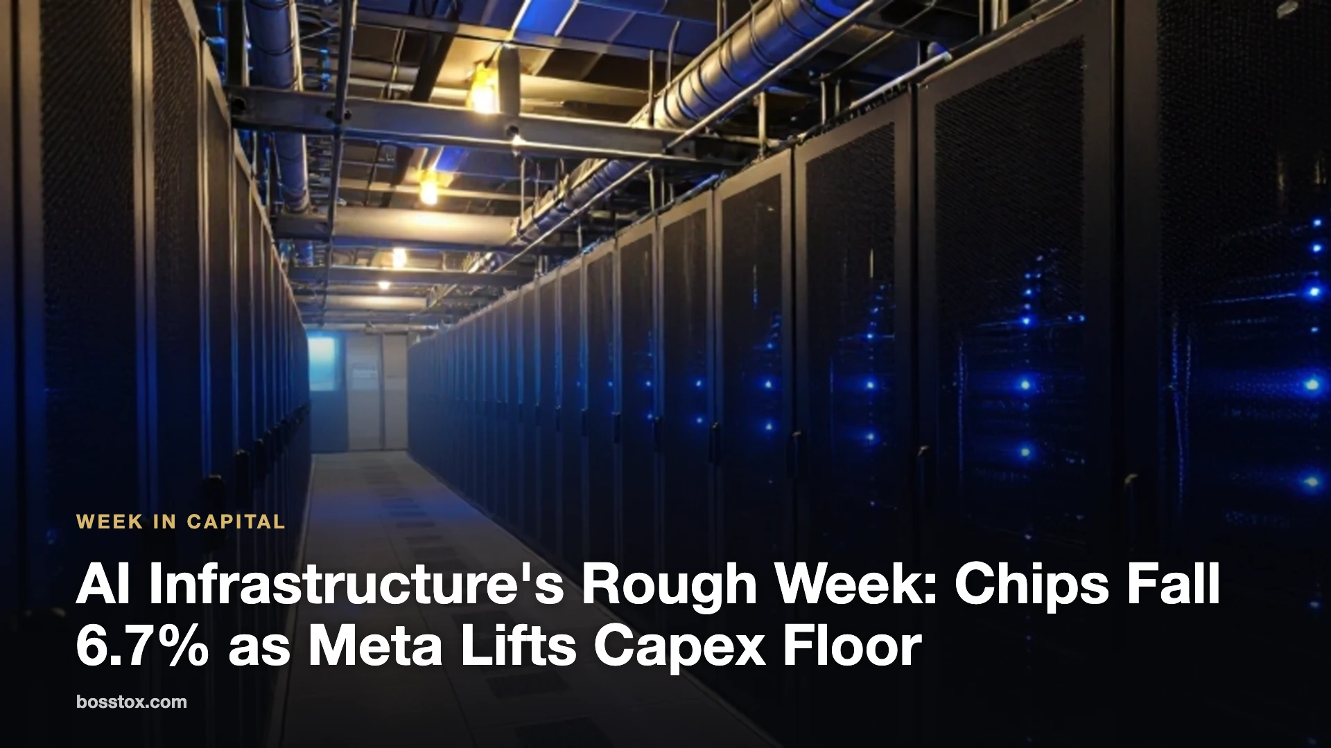 Rows of server racks with blue lights inside a dim data center hall.