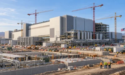 Semiconductor fabrication facility under construction with cranes and utility works.