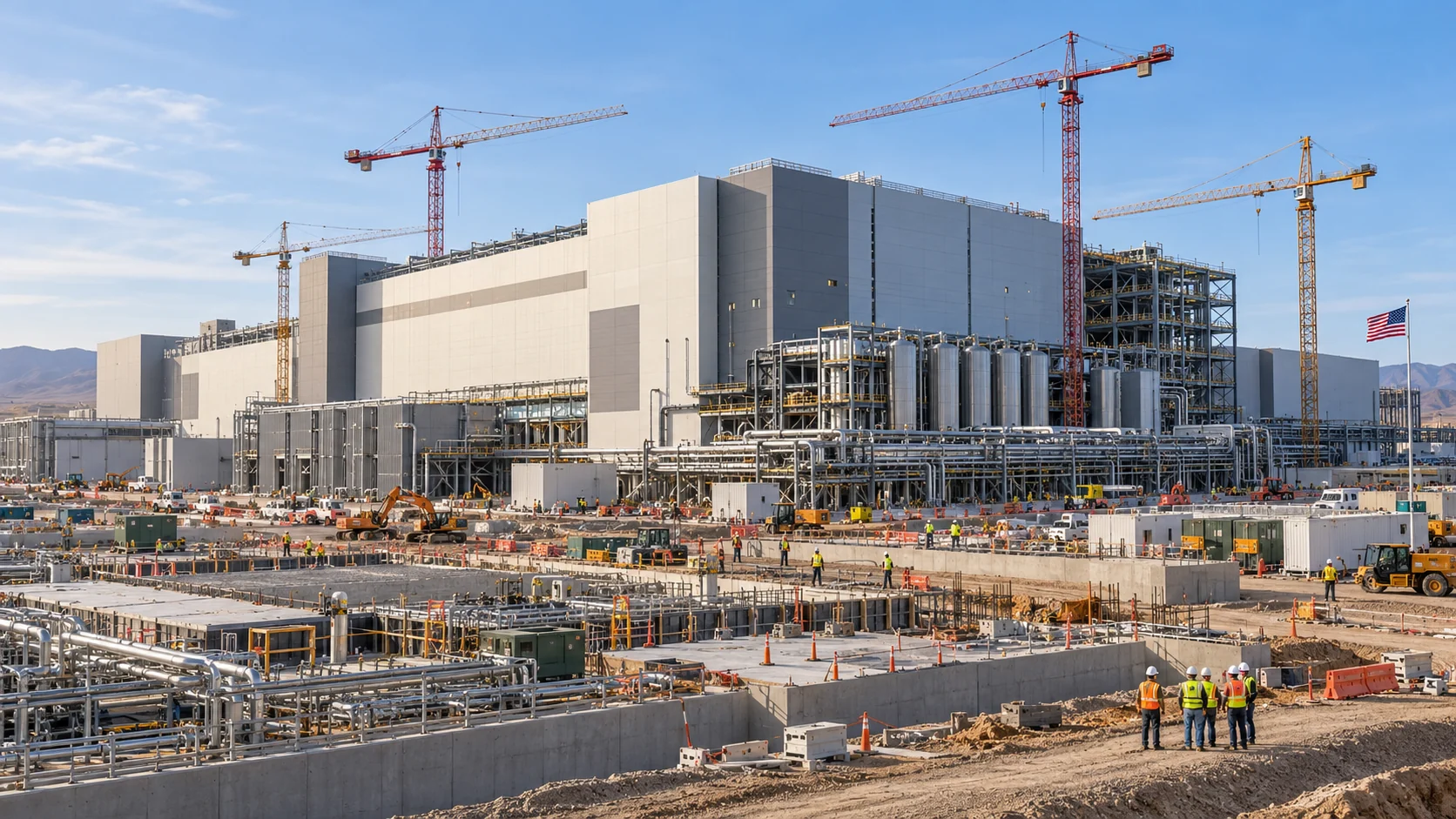 Semiconductor fabrication facility under construction with cranes and utility works.