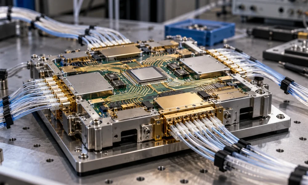 Network switching package with optical fiber ribbons on an engineering workbench.