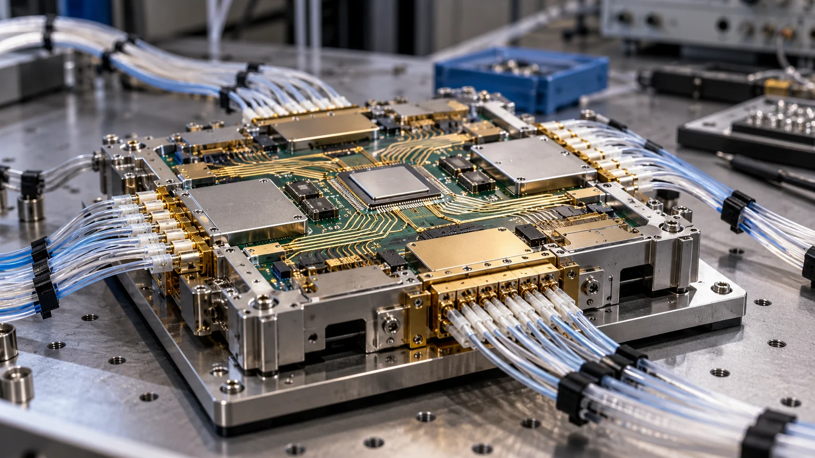 Network switching package with optical fiber ribbons on an engineering workbench.