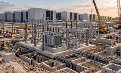 Substation foundations, cable trenches and cranes at a data-center construction site.