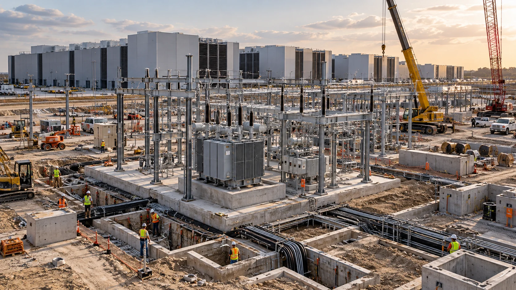 Substation foundations, cable trenches and cranes at a data-center construction site.