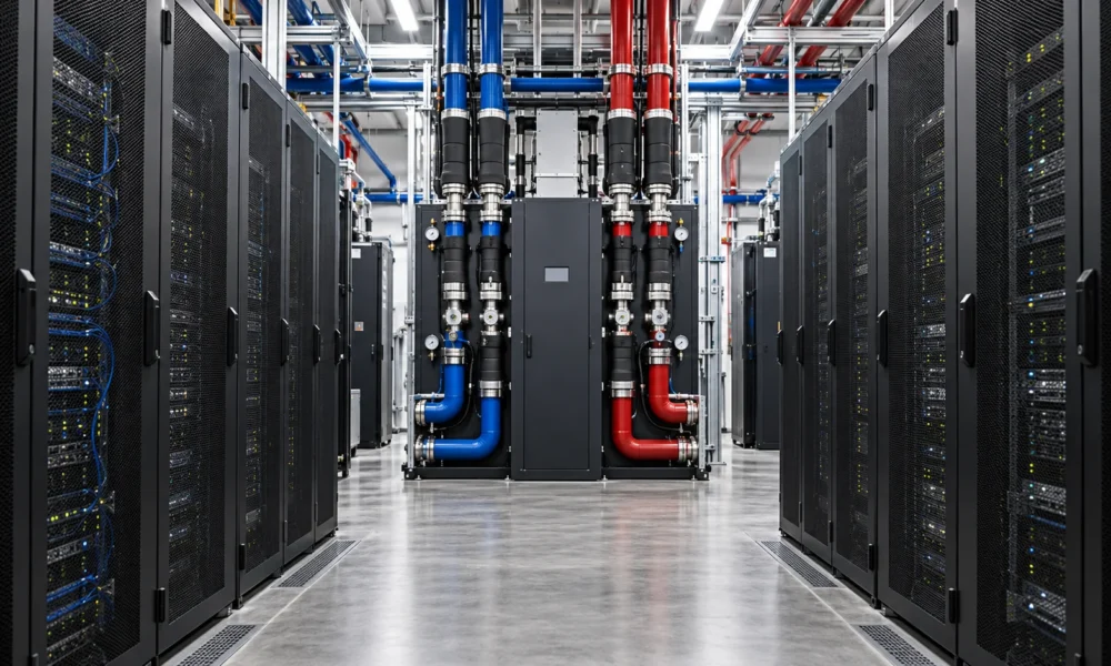 Data-center service aisle with server cabinets and liquid-cooling distribution equipment.