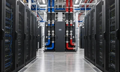 Data-center service aisle with server cabinets and liquid-cooling distribution equipment.