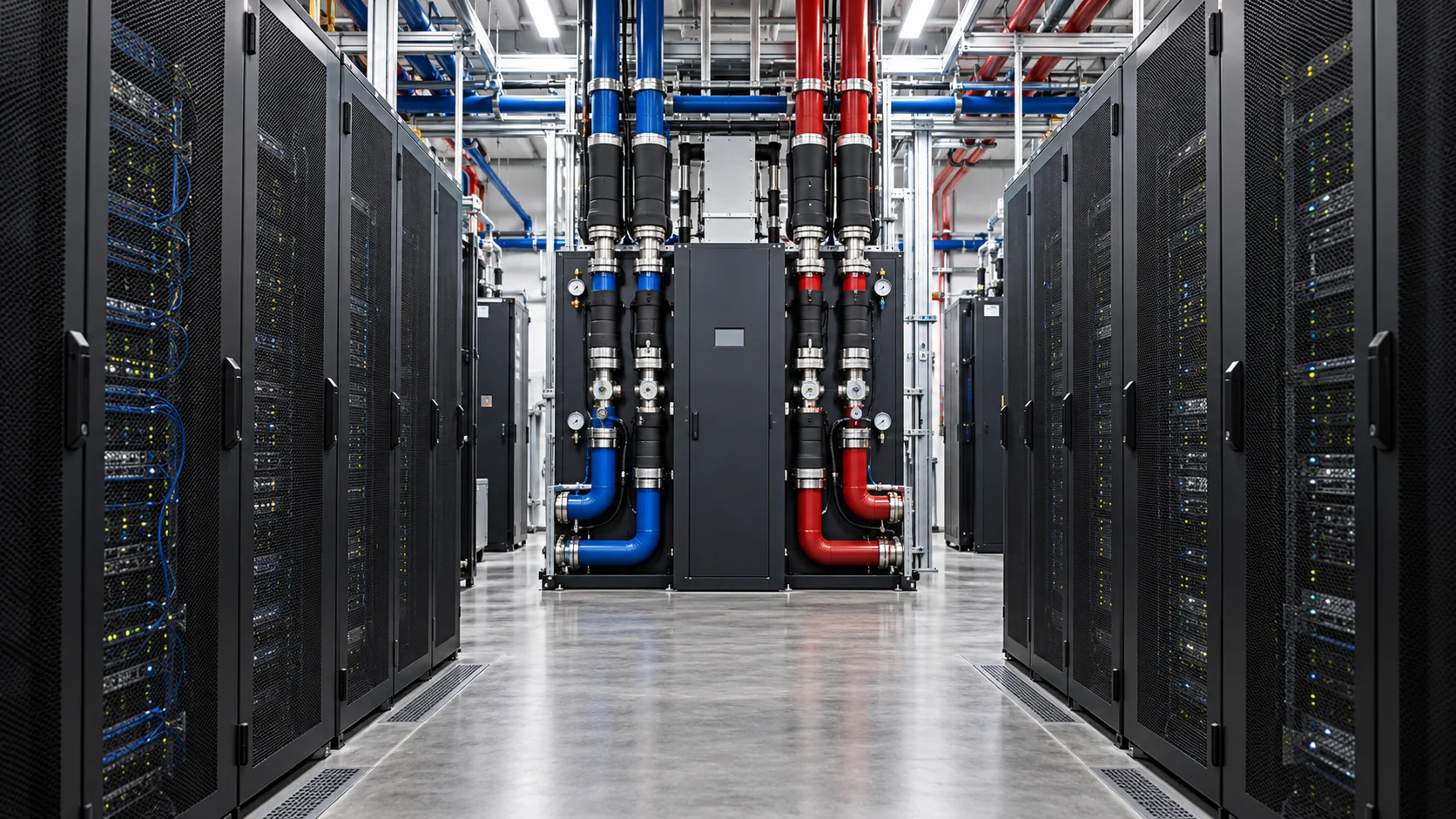 Data-center service aisle with server cabinets and liquid-cooling distribution equipment.