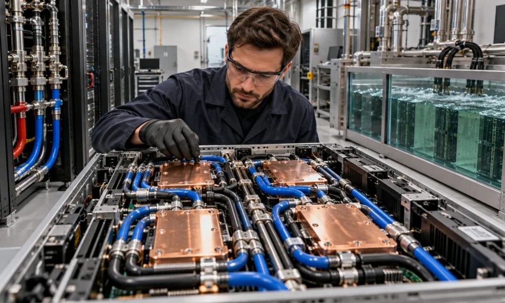 Technician inspecting server cold plates and coolant hoses in a cooling lab.
