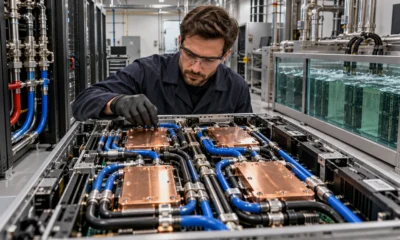 Technician inspecting server cold plates and coolant hoses in a cooling lab.