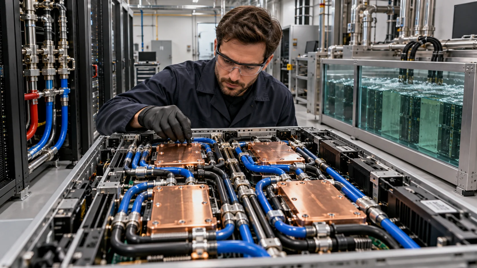Technician inspecting server cold plates and coolant hoses in a cooling lab.
