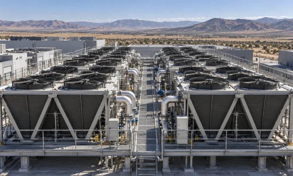Rows of rooftop dry coolers, fans and pipes at a data center.