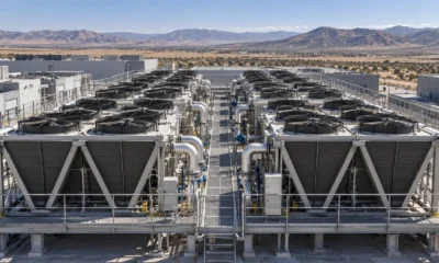 Rows of rooftop dry coolers, fans and pipes at a data center.