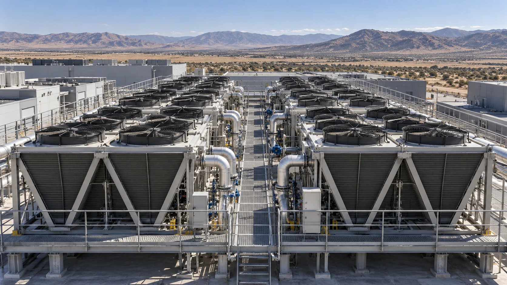 Rows of rooftop dry coolers, fans and pipes at a data center.