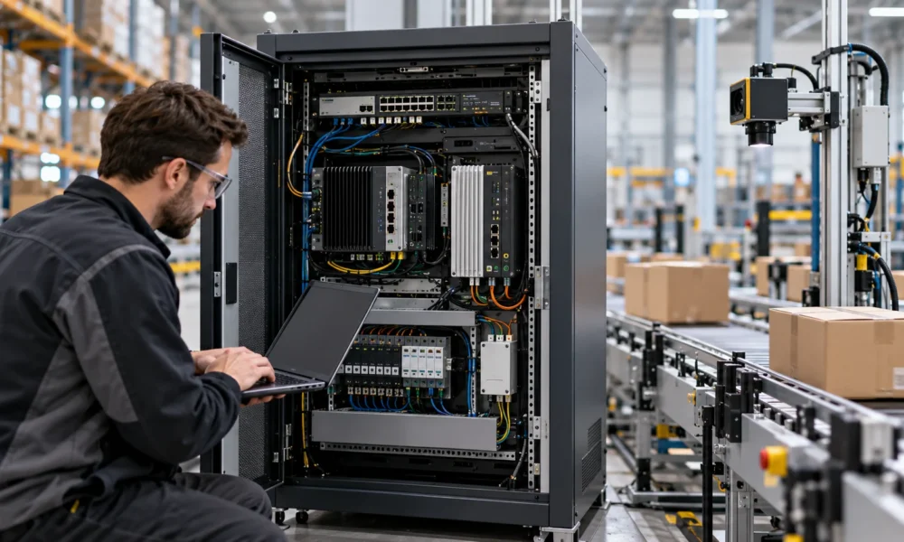 Technician inspecting an edge-computing cabinet beside a warehouse conveyor.
