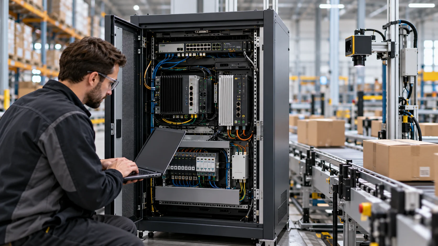 Technician inspecting an edge-computing cabinet beside a warehouse conveyor.