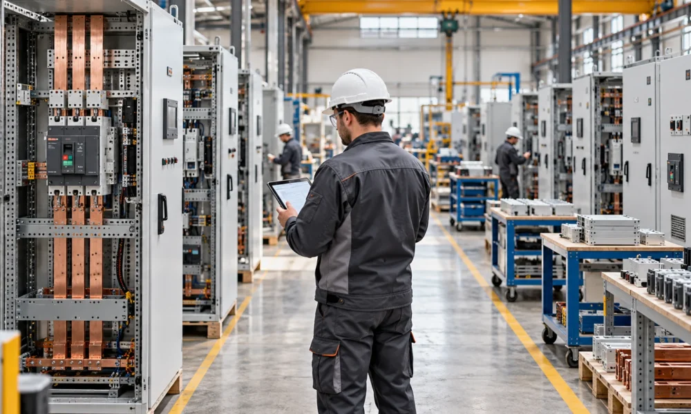 Rows of switchgear cabinets at different stages of factory assembly.