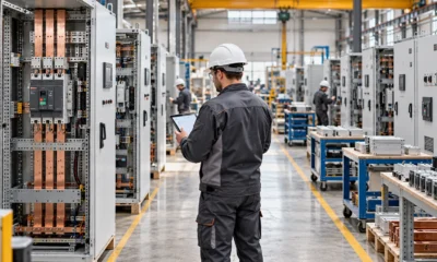 Rows of switchgear cabinets at different stages of factory assembly.