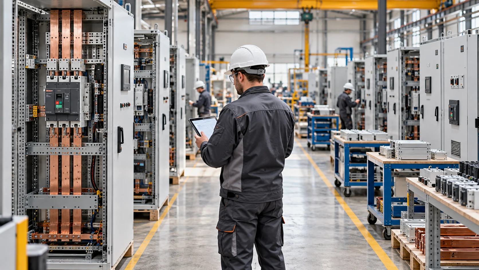Rows of switchgear cabinets at different stages of factory assembly.