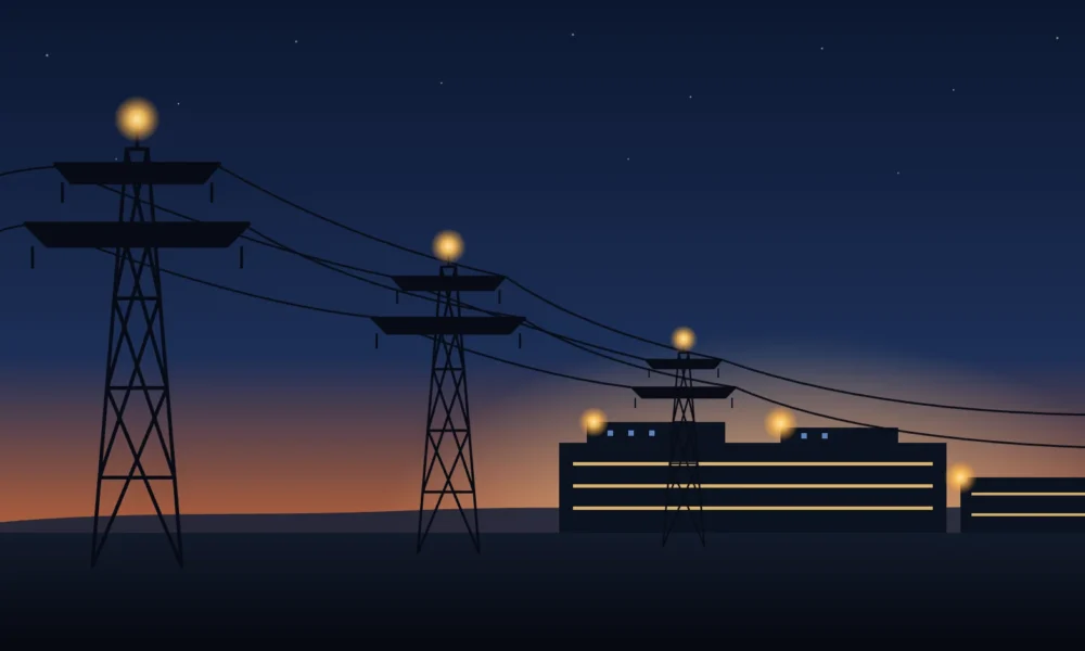 Illustration of high-voltage transmission towers at dusk carrying power lines toward a lit data-center campus.