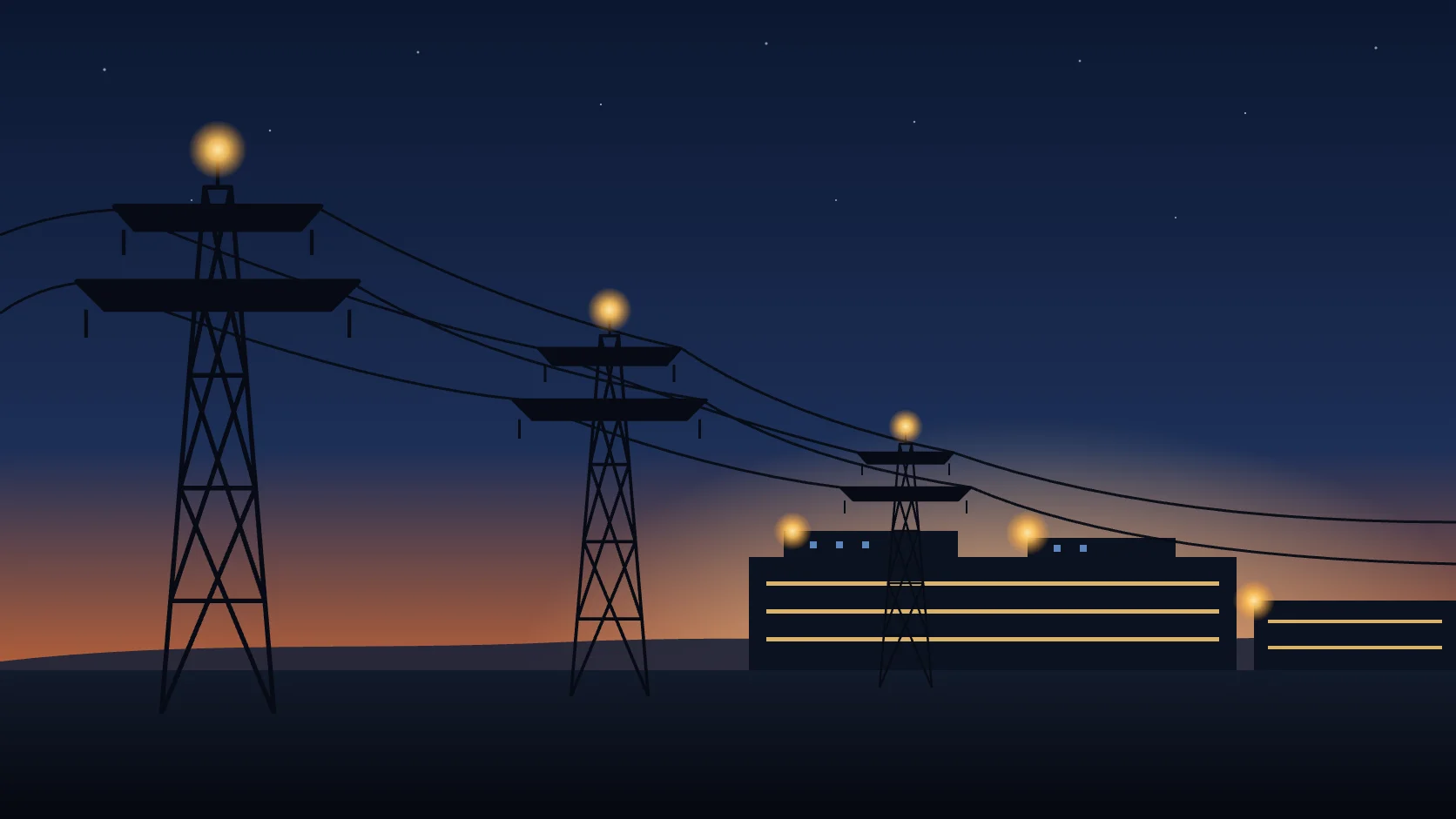 Illustration of high-voltage transmission towers at dusk carrying power lines toward a lit data-center campus.