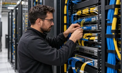 Network engineer connecting optical fibers in a data-center rack.