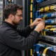 Network engineer connecting optical fibers in a data-center rack.