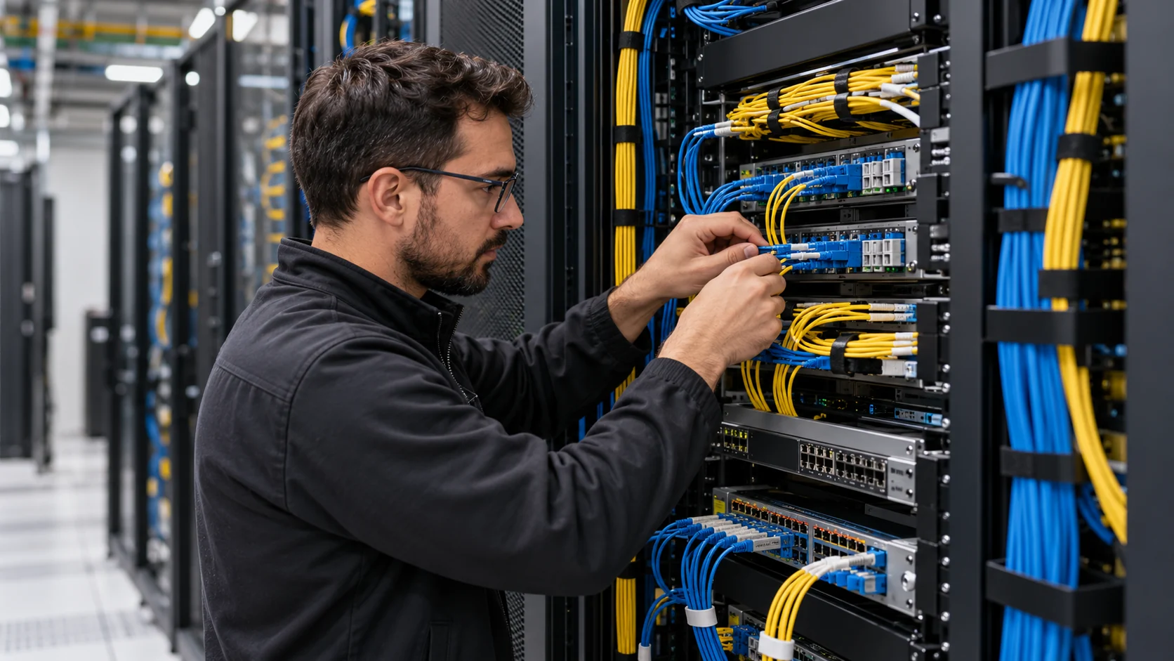 Network engineer connecting optical fibers in a data-center rack.