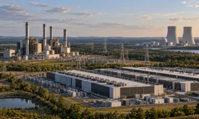 Conceptual landscape with separate gas and nuclear power facilities near data centers.