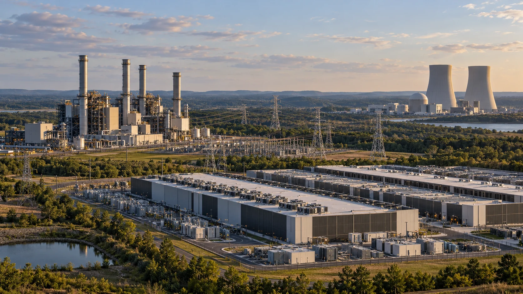 Conceptual landscape with separate gas and nuclear power facilities near data centers.