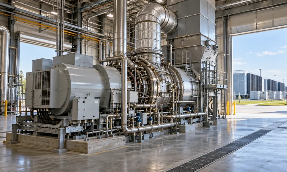 Gas turbine generator and industrial piping beside a data-center campus.