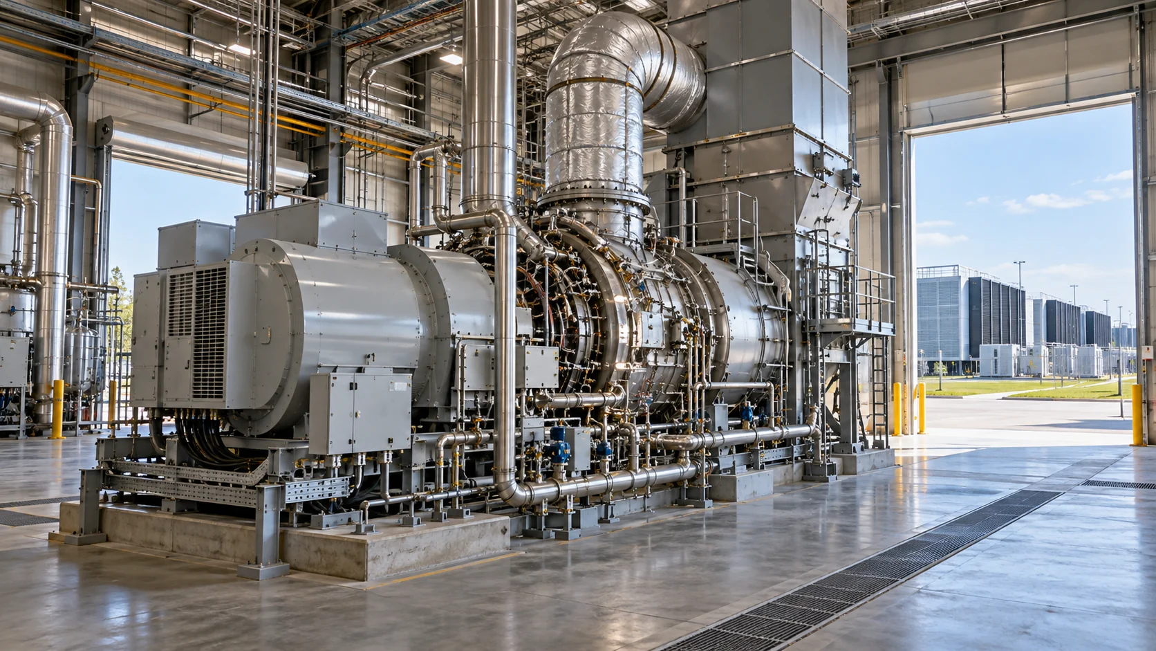 Gas turbine generator and industrial piping beside a data-center campus.