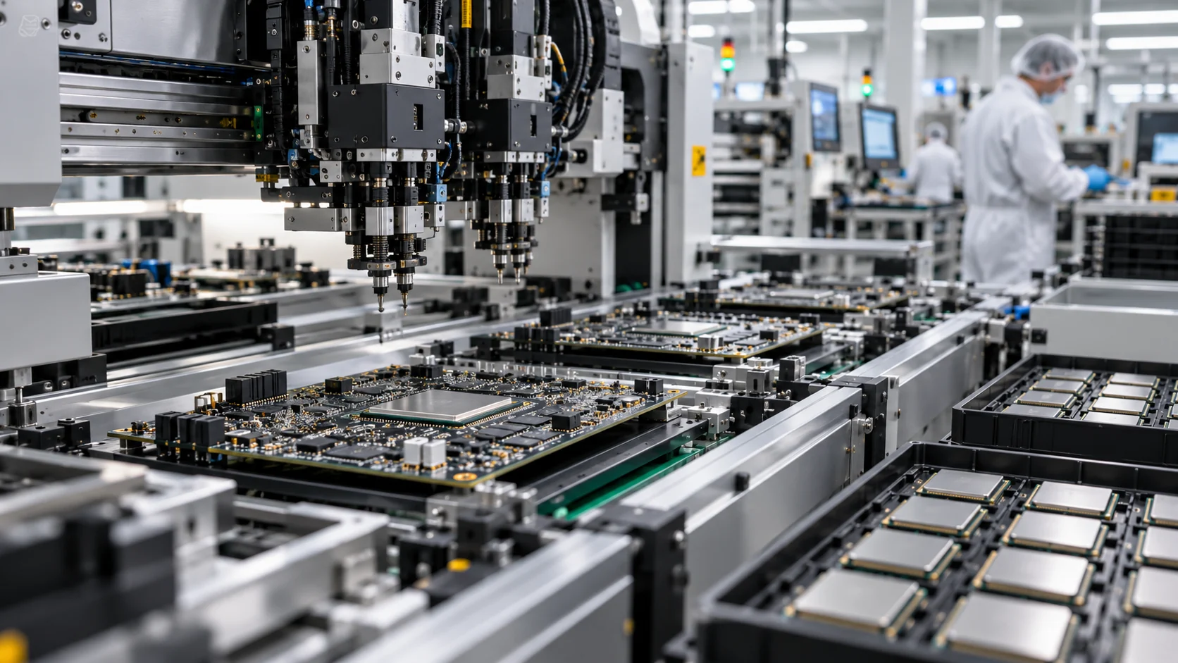 Electronics production line assembling accelerator circuit boards.