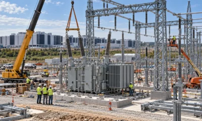 Utility crew upgrading a high-voltage substation near data-center buildings.