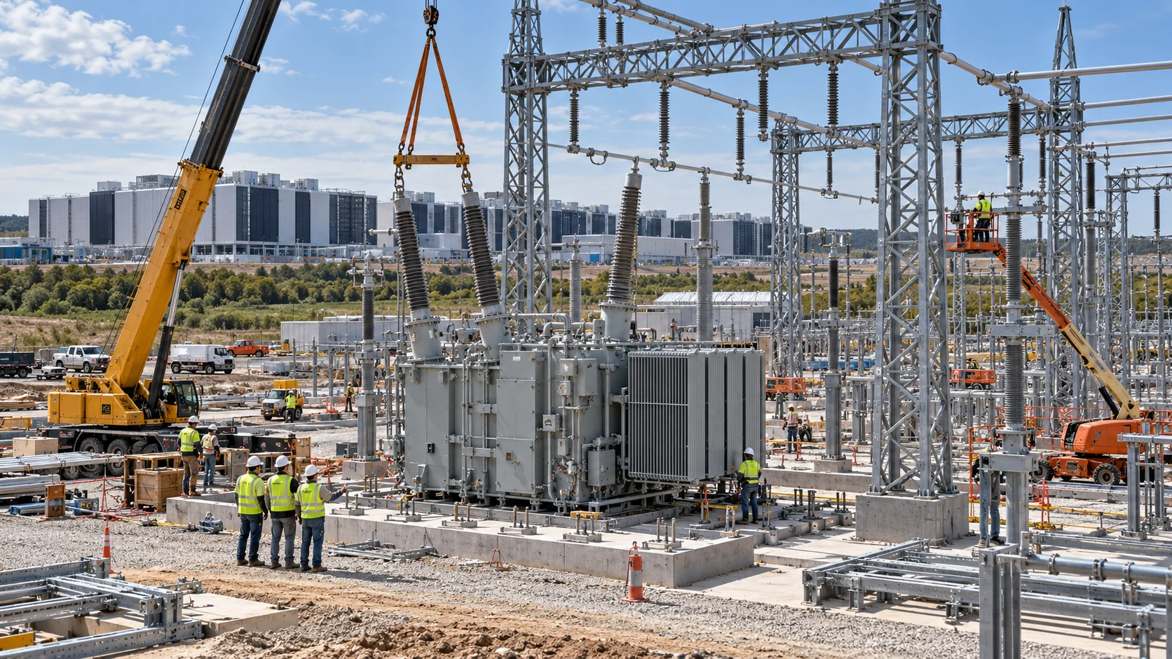 Utility crew upgrading a high-voltage substation near data-center buildings.