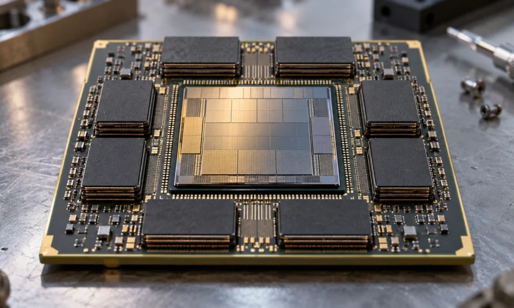 AI accelerator package with a central processor and surrounding memory stacks.