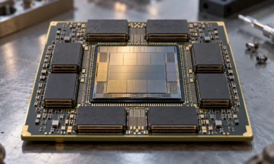 AI accelerator package with a central processor and surrounding memory stacks.