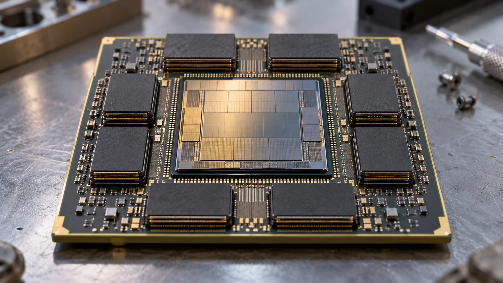 AI accelerator package with a central processor and surrounding memory stacks.