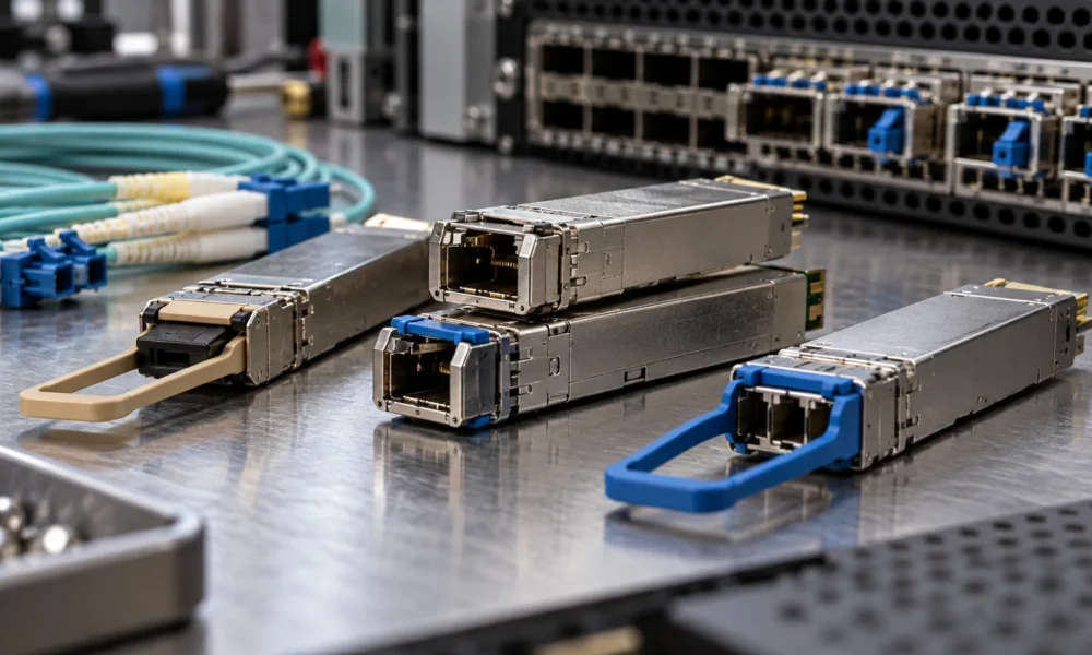 Optical transceiver modules and fiber connectors beside a network switch.