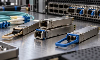 Optical transceiver modules and fiber connectors beside a network switch.
