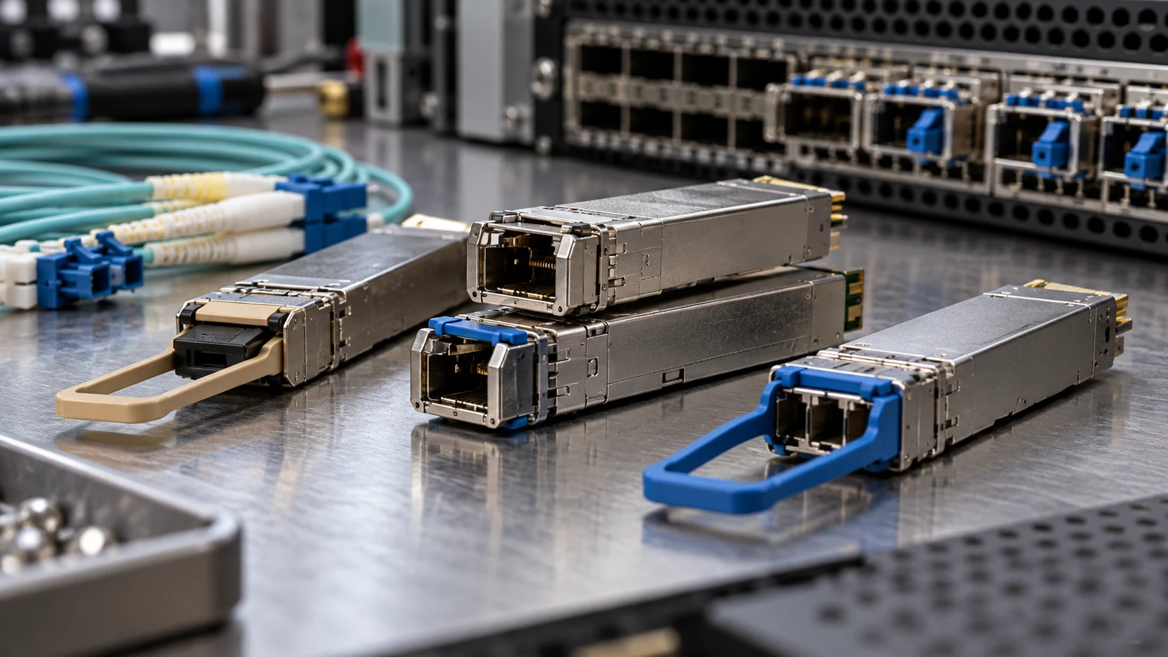 Optical transceiver modules and fiber connectors beside a network switch.