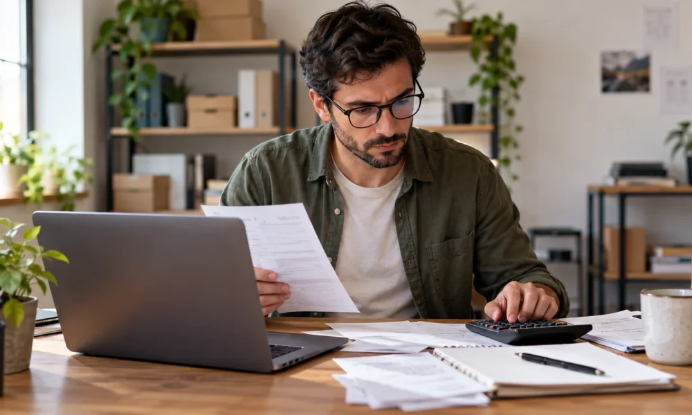 Small-business owner comparing computing costs with a laptop, paperwork and calculator.