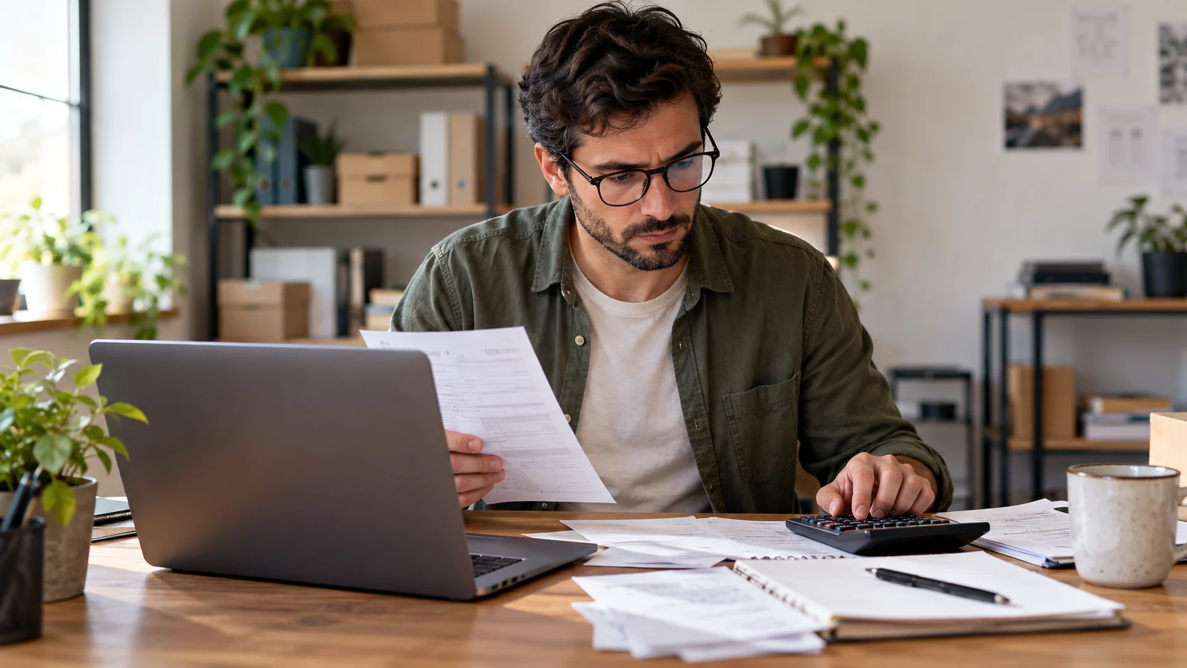 Small-business owner comparing computing costs with a laptop, paperwork and calculator.
